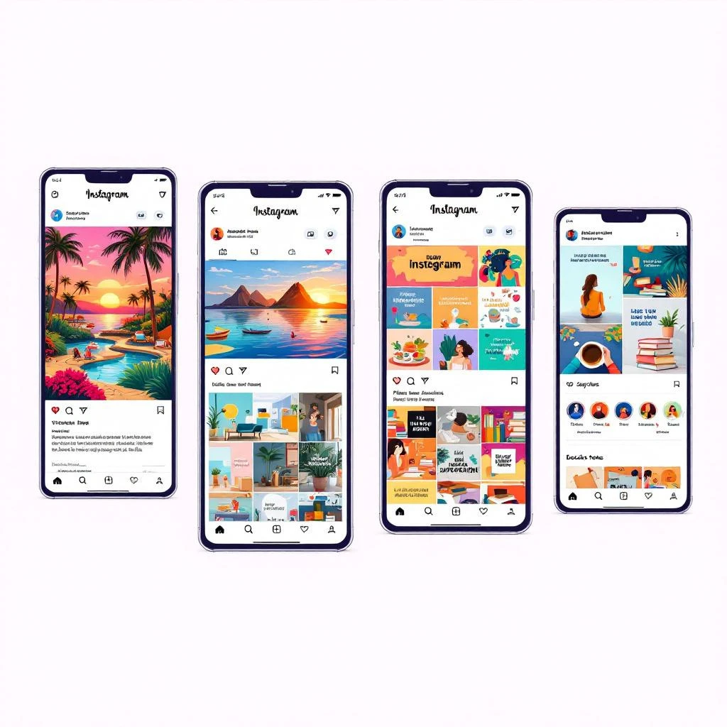 Four smartphones display Instagram feeds with colorful illustrations&mdash;sunsets, beaches, books, indoor plants, and carousel posts&mdash;all set against a plain white background, perfect inspiration for your next Instagram bio.