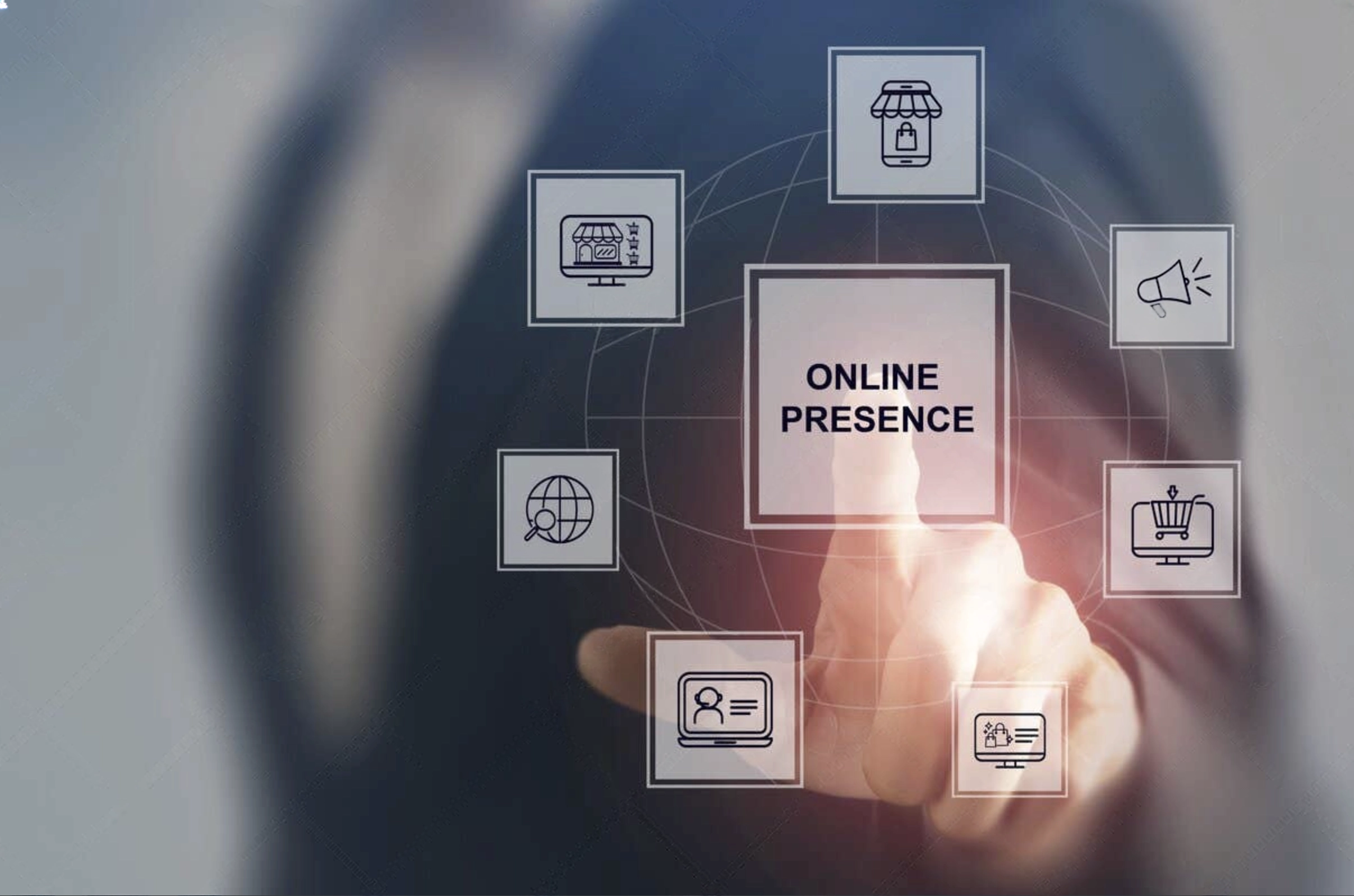 A person touches a transparent digital screen displaying "ONLINE PRESENCE," surrounded by icons for e-commerce, social media, PFP, and digital marketing.