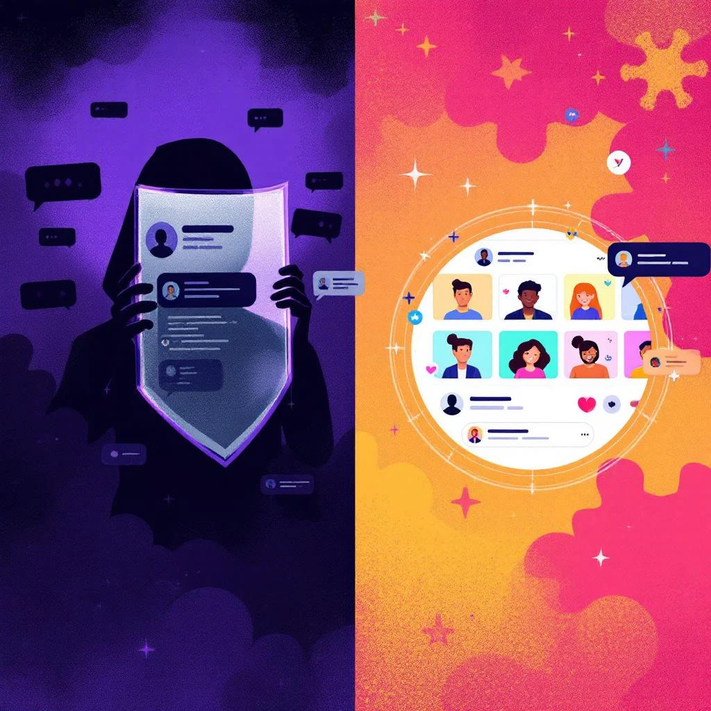 Illustration split in two: left side shows a shadowy figure holding a shield with anonymous profiles; right side highlights bright, connected social media profiles and "Follow Back" interactions.