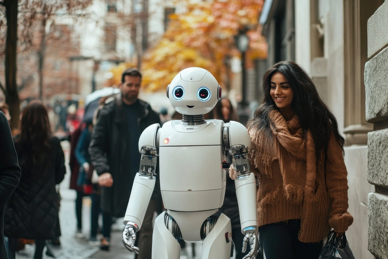 A woman walks beside a humanoid robot on a city street lined with people and autumn trees, capturing the attention of passersby much like trending Instagram Story Views.