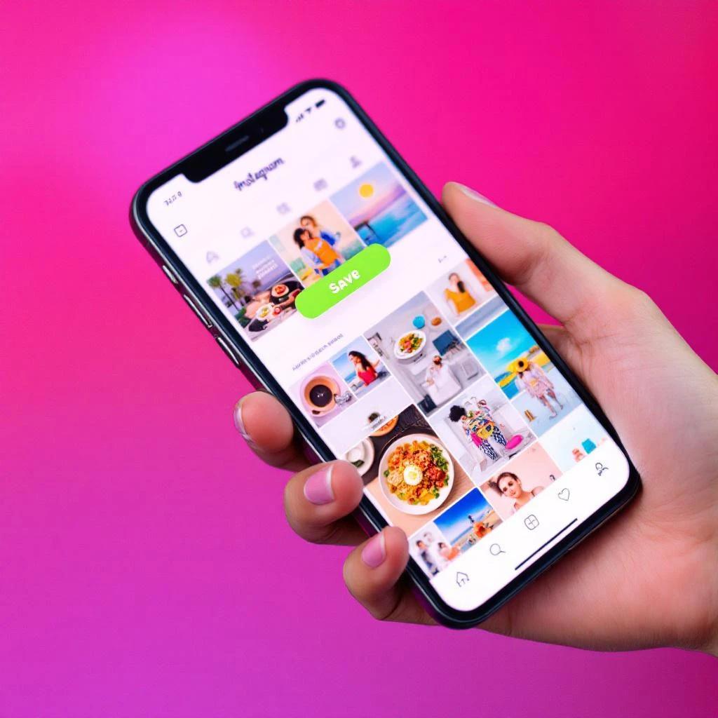 A hand holds a smartphone displaying an Instagram profile with photo grid and a green "Save" button, highlighting that the user doesn't follow you back on Instagram, against a pink and purple gradient background.