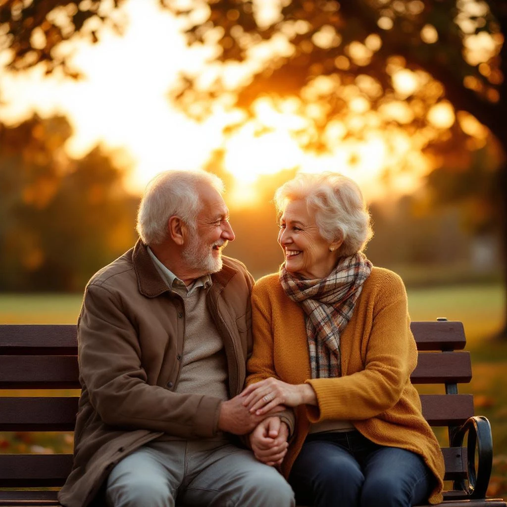 Describe a Picture: An elderly couple sits on a park bench at sunset, holding hands and smiling at each other, framed by the warm glow of autumn trees in the background.