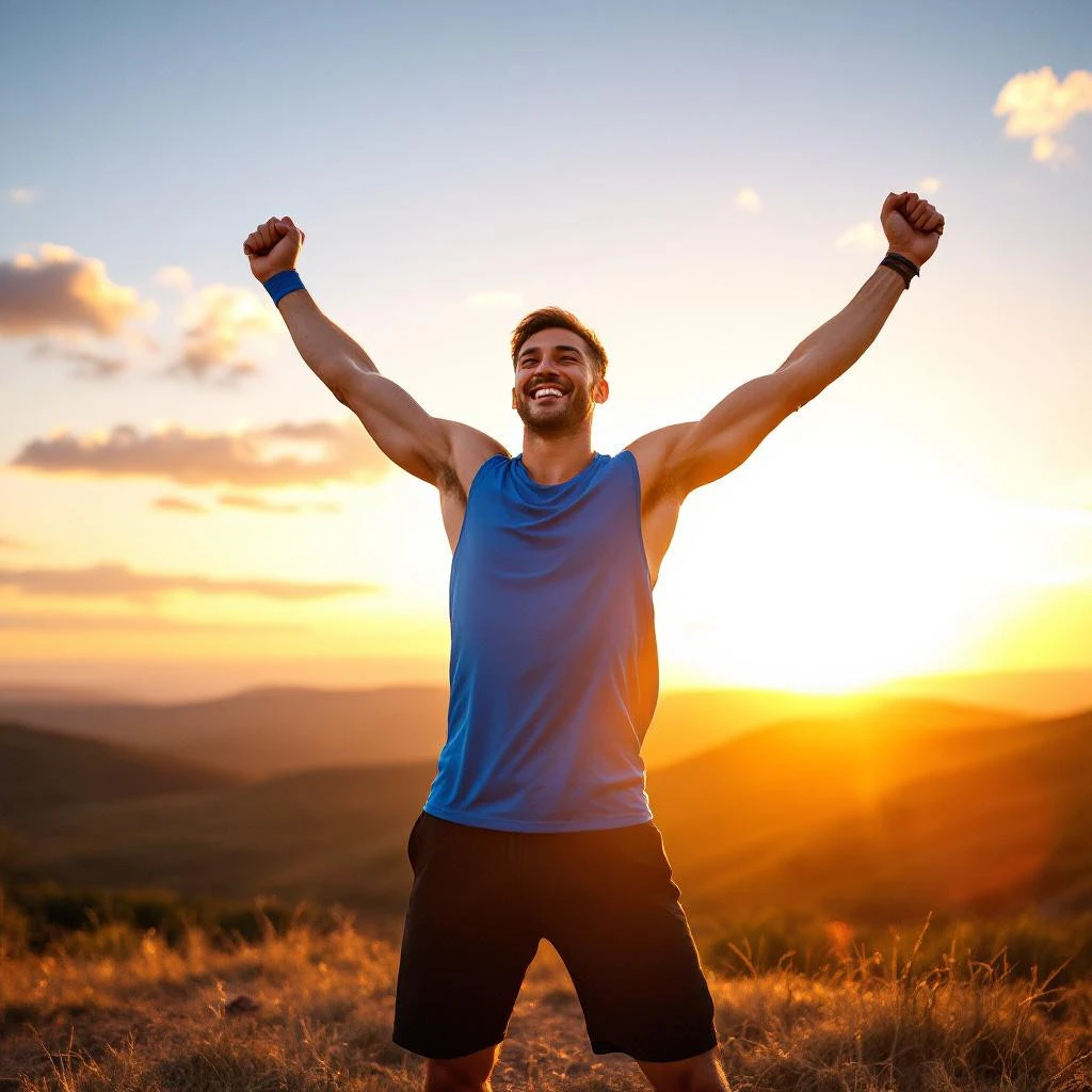 A man in athletic wear stands outdoors with arms raised, smiling at sunset over rolling hills&mdash;perfect for an inspiring Instagram Bio.