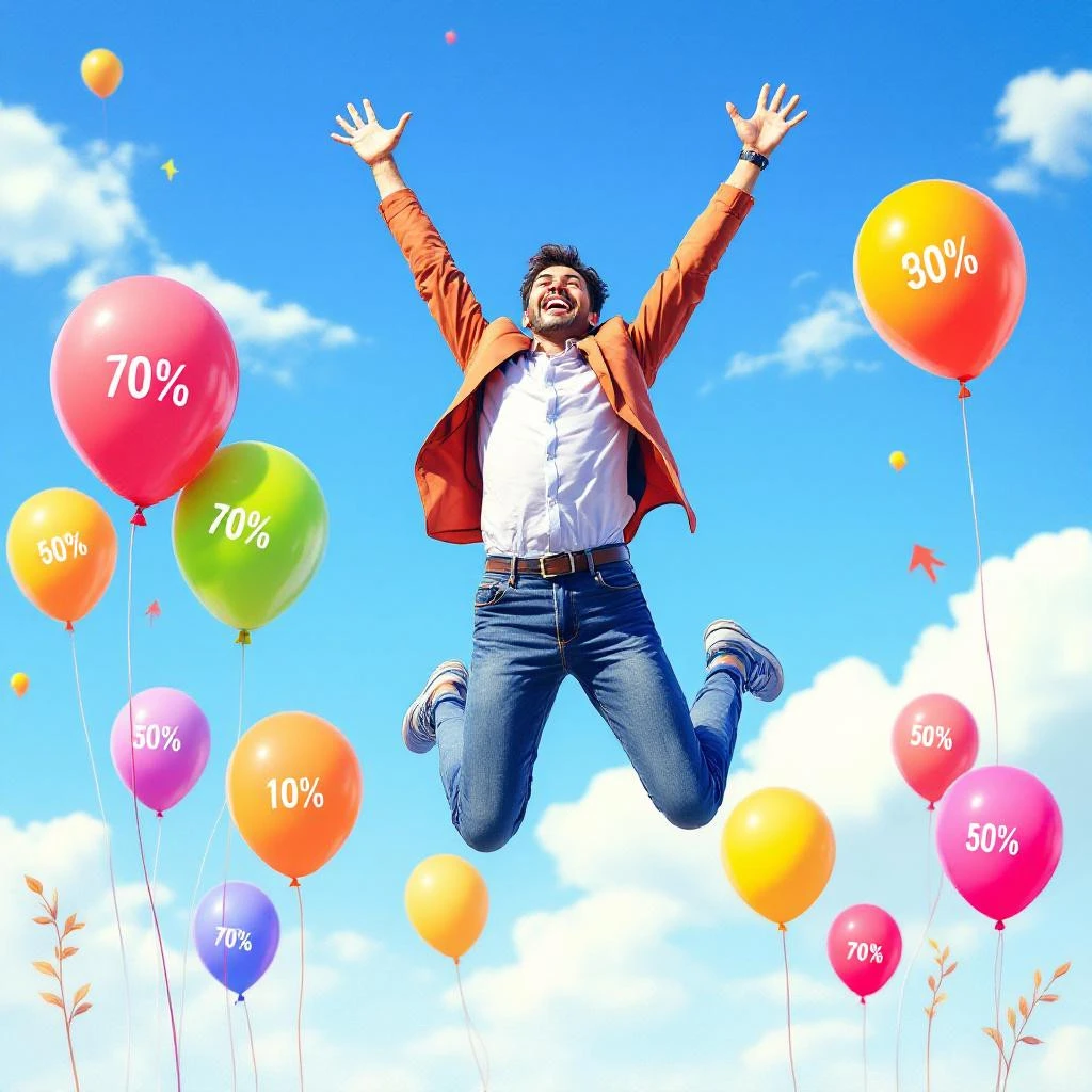 A man in casual clothes jumps joyfully among colorful balloons marked with various percentage values and a playful "Follow Back" message against a blue sky with clouds.