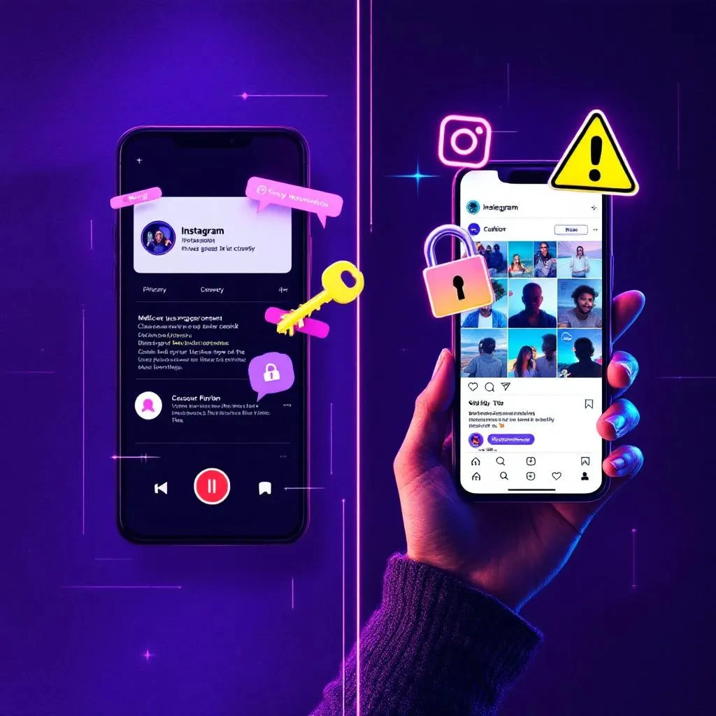 Two smartphones are shown; one displays Instagram privacy settings with security icons, while the other shows Instagram Show Screenshots in a profile grid, emphasizing account privacy and security.