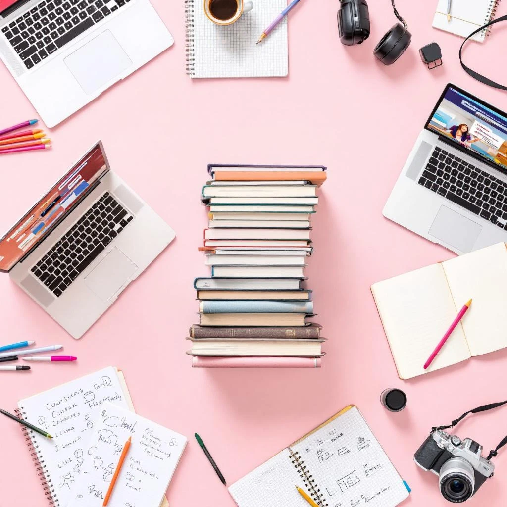 Describe a Picture: A stack of books sits on a pink background, surrounded by open laptops, notebooks, pens, headphones, and cameras arranged in a circular layout.