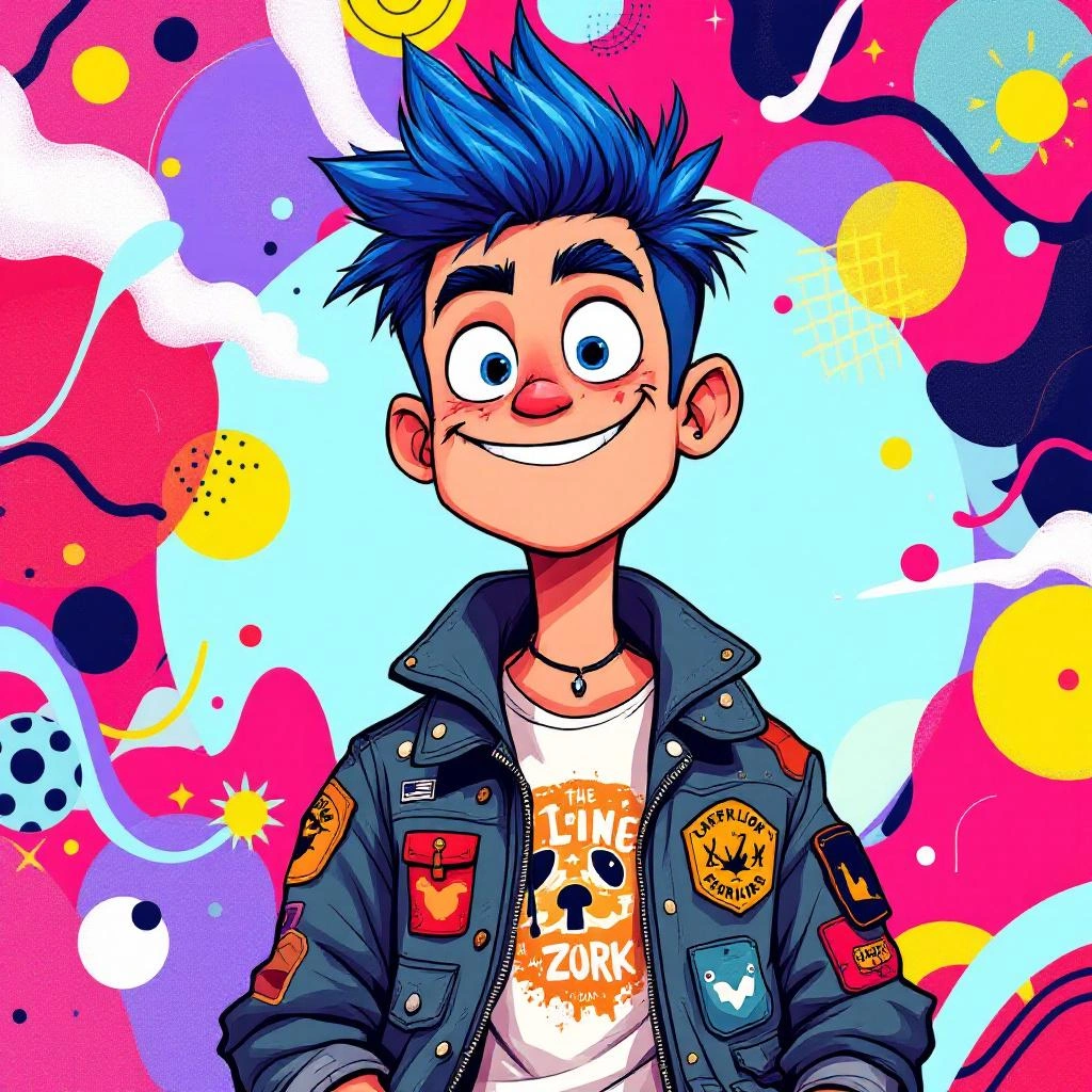 An animated character with spiky blue hair and a wide smile wears a patched jacket, standing against a colorful, abstract background&mdash;perfect for unique PFP ideas.