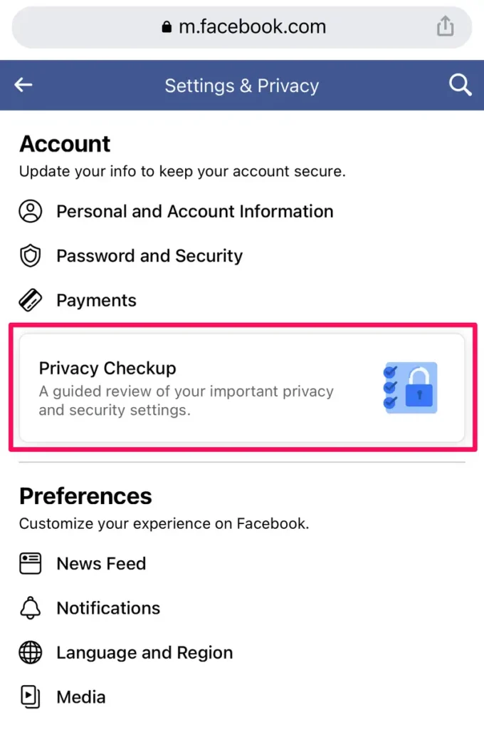 A screenshot of Facebook's Settings & Privacy menu featuring options for account info, security, payments, a highlighted Privacy Checkup section, and links to manage connected apps like Instagram.