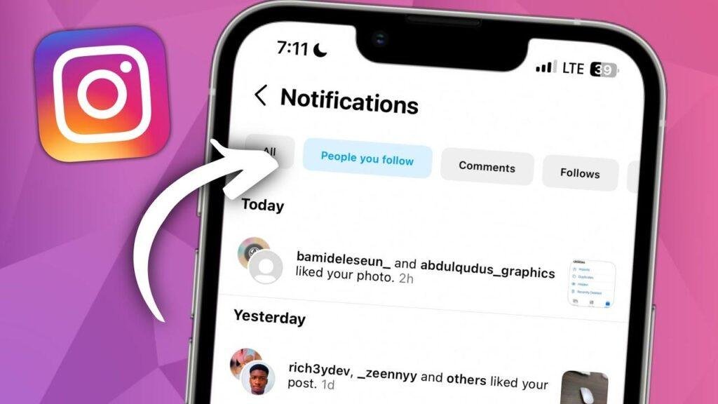 Close-up of a smartphone screen showing instagram notifications, with tabs for All, People you follow, Comments, and Follows. An arrow highlights the "All" tab.