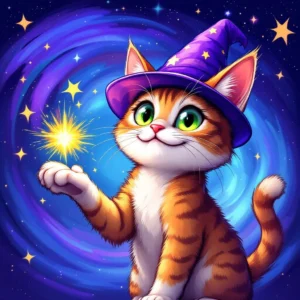 A cartoon orange tabby cat wearing a purple wizard hat holds a glowing star in its paw, set against a vibrant, swirling star-filled night sky—perfect inspiration for unique PFP ideas.