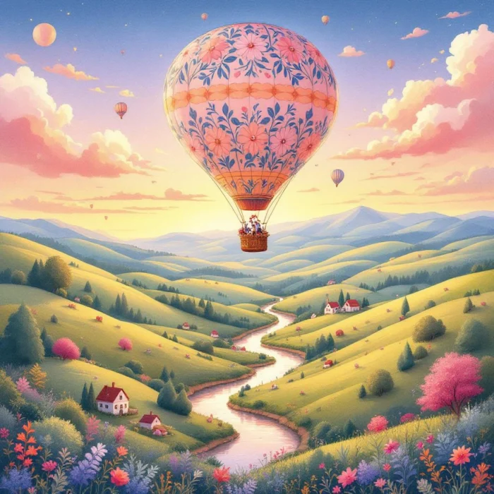 Picture Caption: A hot air balloon decorated with floral patterns floats above a winding river and rolling green hills dotted with houses under a pastel sky.