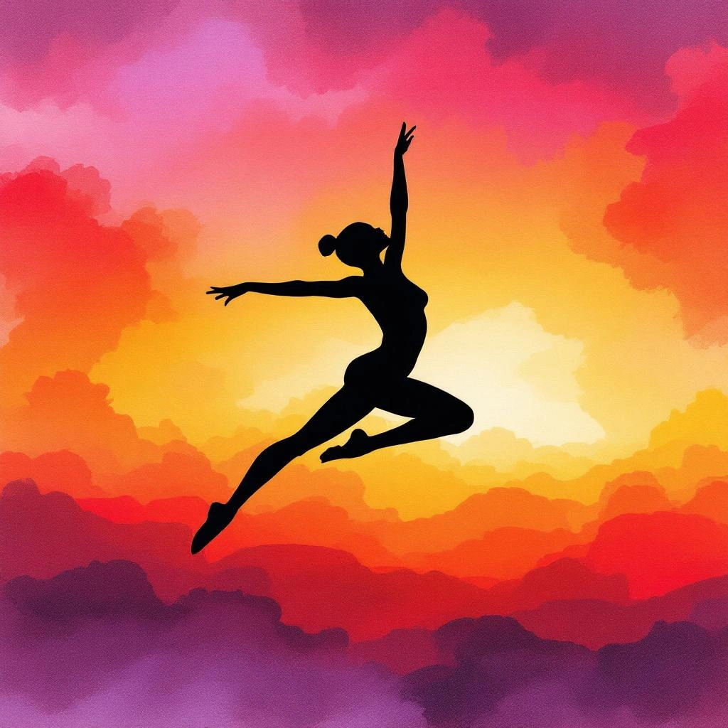 Silhouette of a dancer leaping gracefully against a vibrant sunset sky with shades of orange, pink, and purple clouds&mdash;perfect for unique PFP ideas.