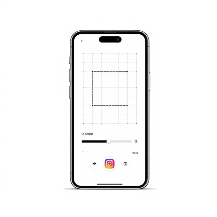 A smartphone screen displays an image cropping tool with a grid, crop slider, and various editing icons to easily resize photos for Instagram, alongside a share button, all set against a white background.