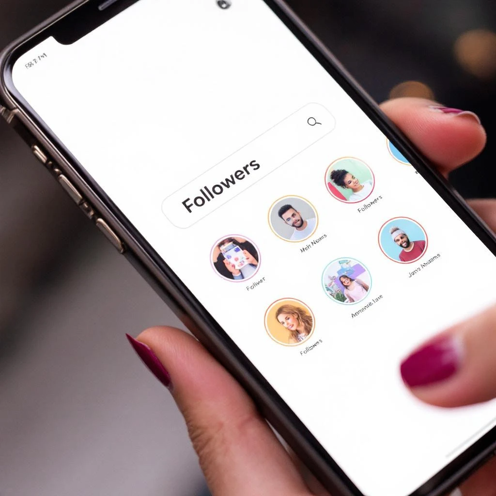 A person holding a smartphone displaying the Instagram app with a "Followers" list and user profile pictures on the screen.