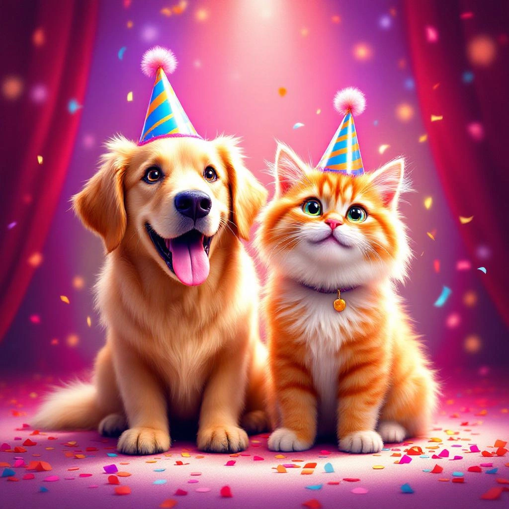 A golden retriever and an orange tabby cat wearing party hats sit side by side amid colorful confetti, with a festive background and red curtains&mdash;perfect PFP ideas for anyone who loves fun, cheerful pet moments.