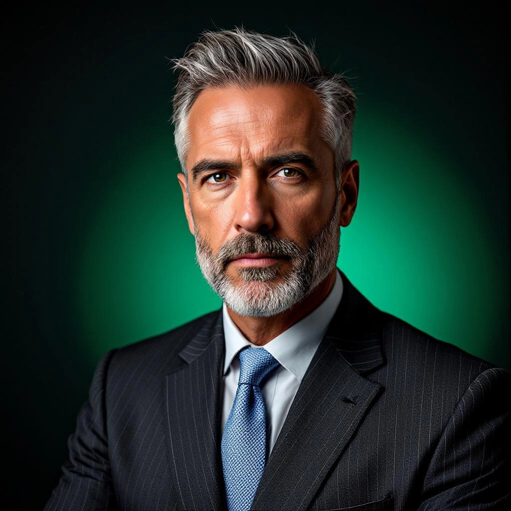 A middle-aged man with gray hair and a beard, wearing a pinstripe suit and blue tie, poses against a dark green background&mdash;perfect for those seeking classic PFP ideas.