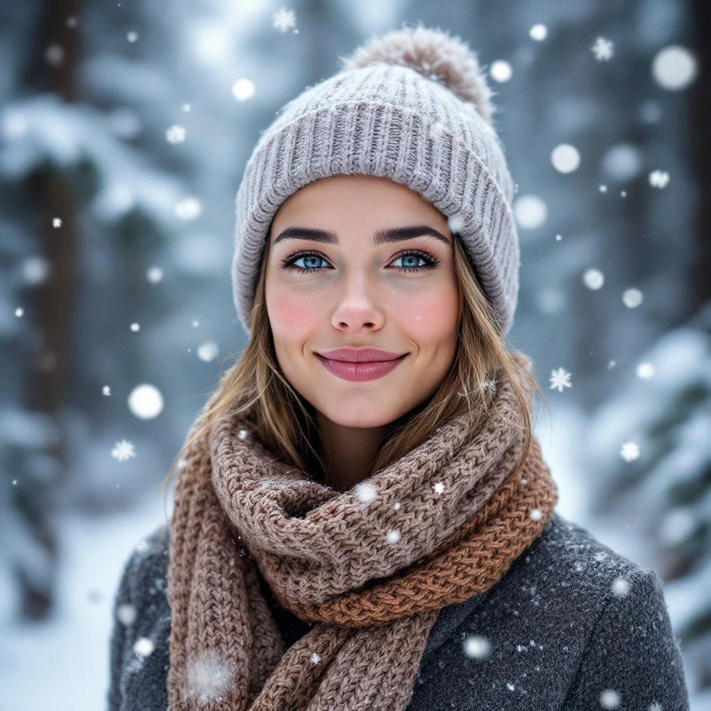 A woman wearing a knit hat and scarf stands outside in a snowy forest, smiling as snowflakes fall around her&mdash;perfect inspiration for cozy winter PFP ideas.