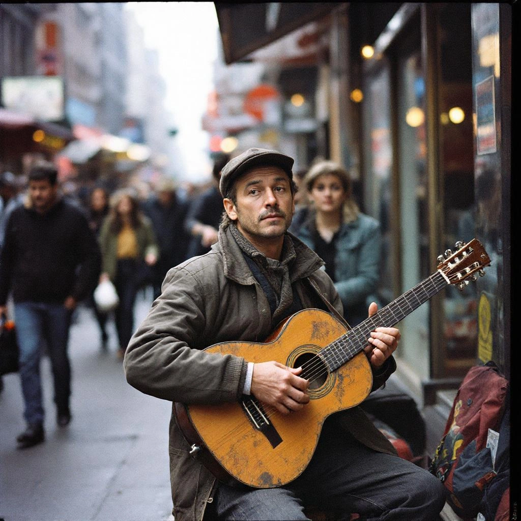 A man sits on a busy city street playing an acoustic guitar, with pedestrians walking by and storefronts in the background&mdash;perfect inspiration for unique PFP ideas.