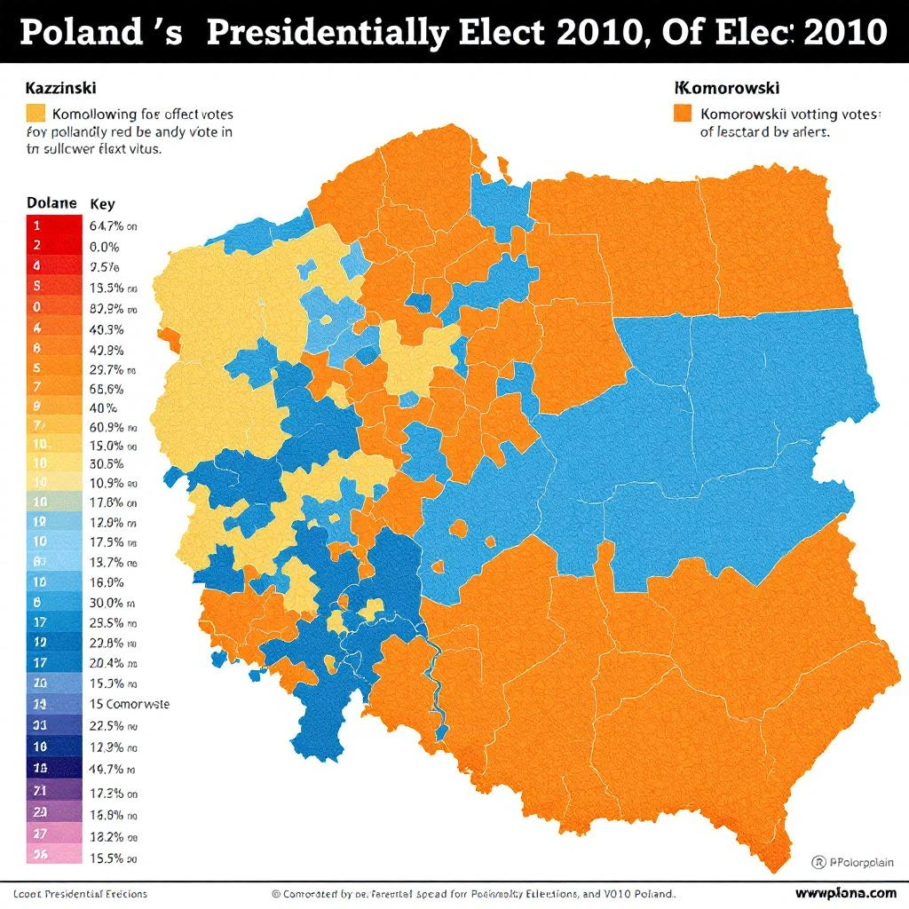 Image Descriptions: Map of Poland showing 2010 presidential election results by county&mdash;orange for Komorowski majority, blue for Kaczyński majority&mdash;with a key indicating vote percentage ranges.