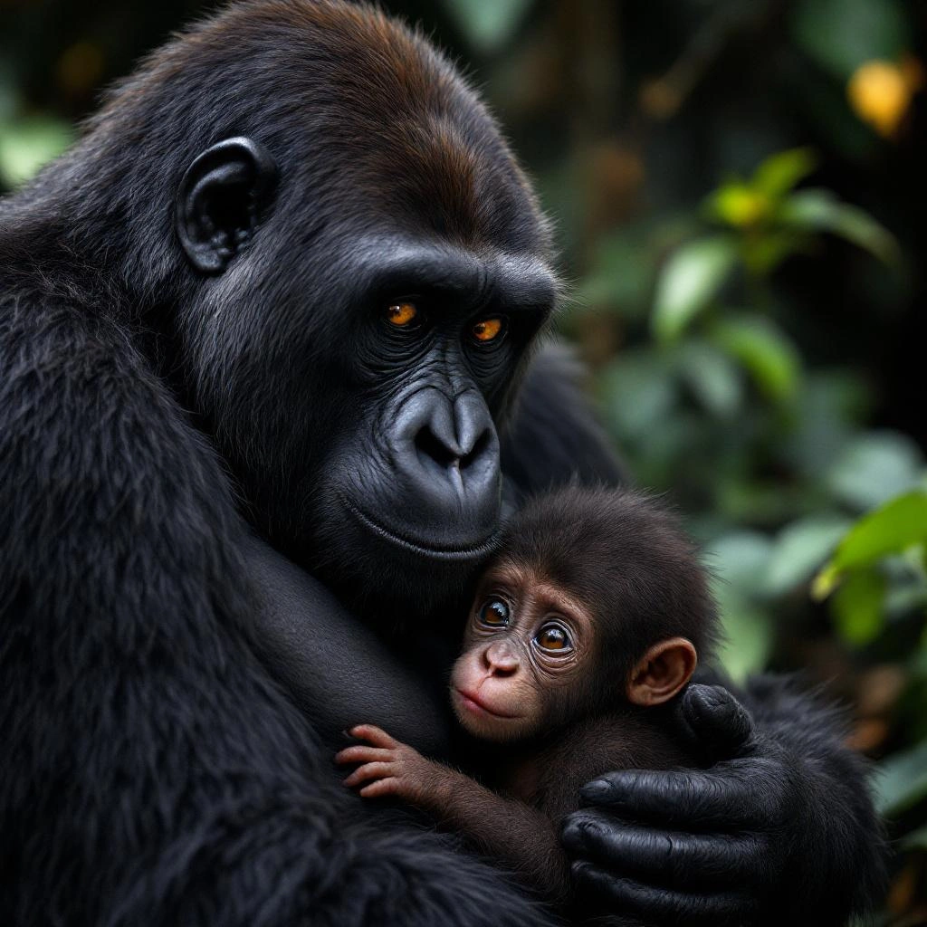 Image Descriptions: An adult gorilla gently cradles a baby gorilla in its arms while sitting among green foliage.