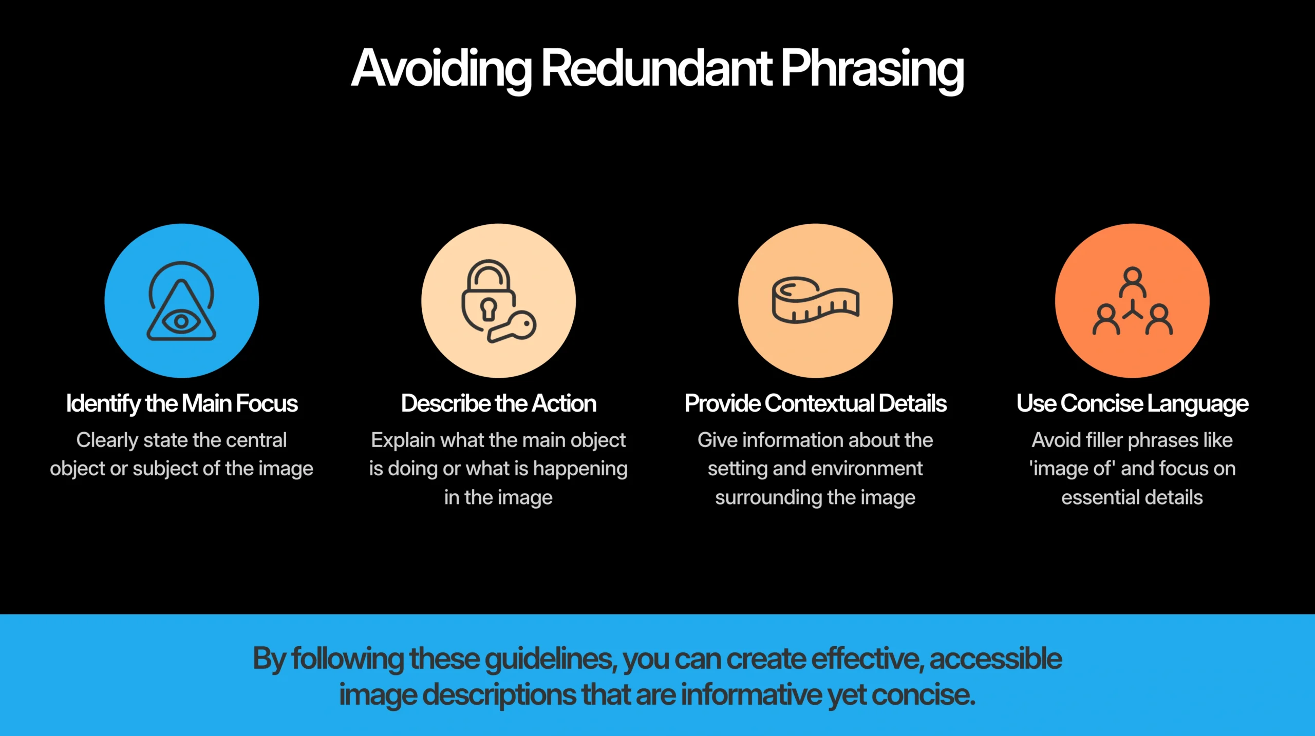 Infographic with four Image Description tips for avoiding redundant phrasing: identify the main focus, describe the action, provide contextual details, and use concise language.