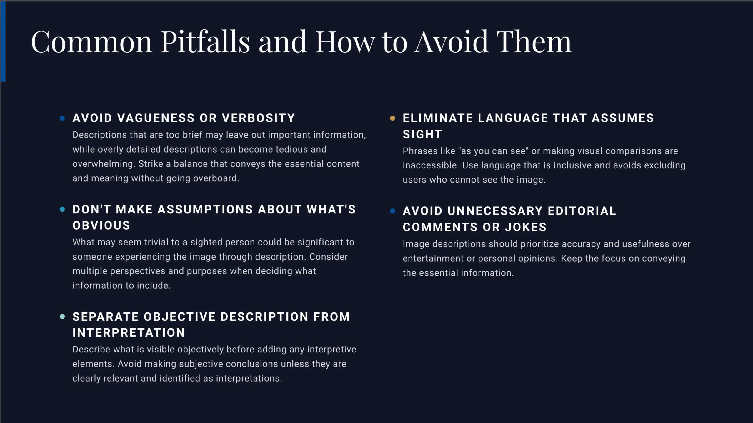 A dark-themed informational slide titled "Common Pitfalls and How to Avoid Them," featuring four pitfalls&mdash;with brief descriptions, tips for improvement, and a focus on clarity in image descriptions.
