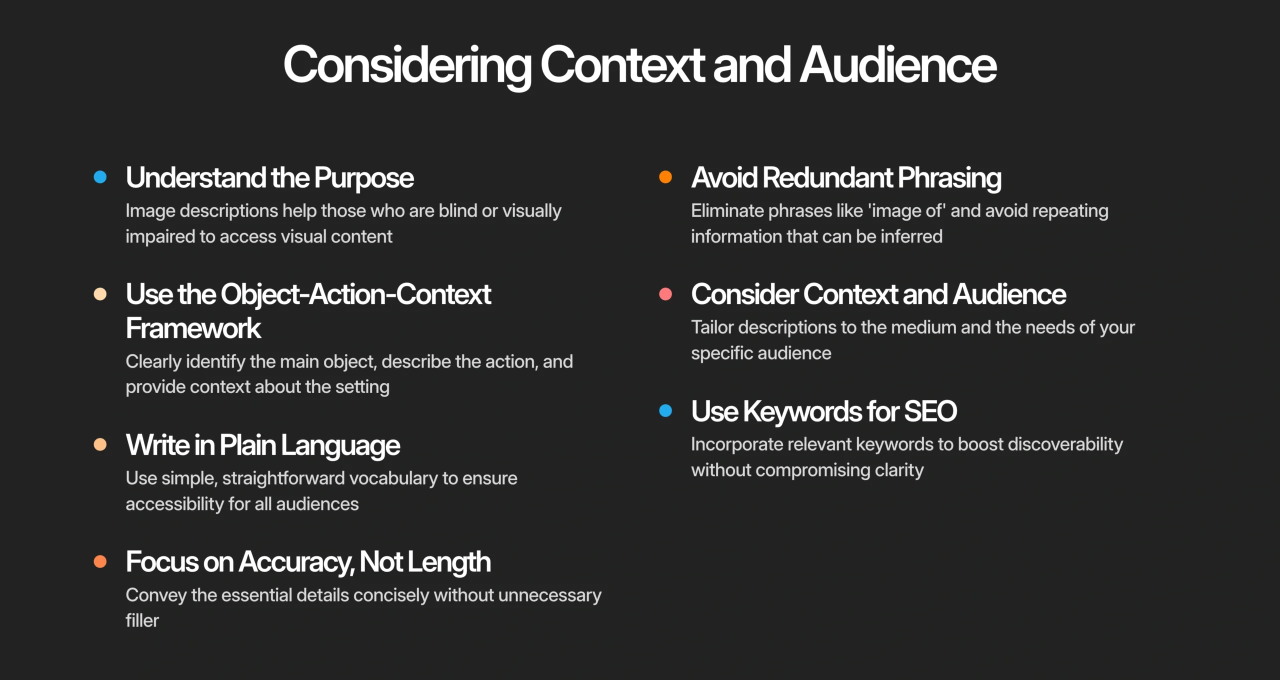 A slide titled "Considering Context and Audience" lists key points for writing an effective image description, including purpose, structure, language, accuracy, phrasing, audience, and SEO.