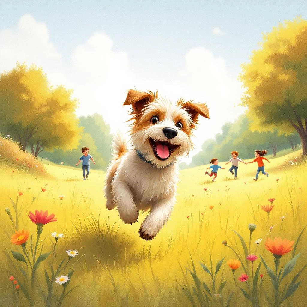 A small, happy dog runs toward the camera in a sunlit meadow, while four children play in the background among wildflowers and trees.