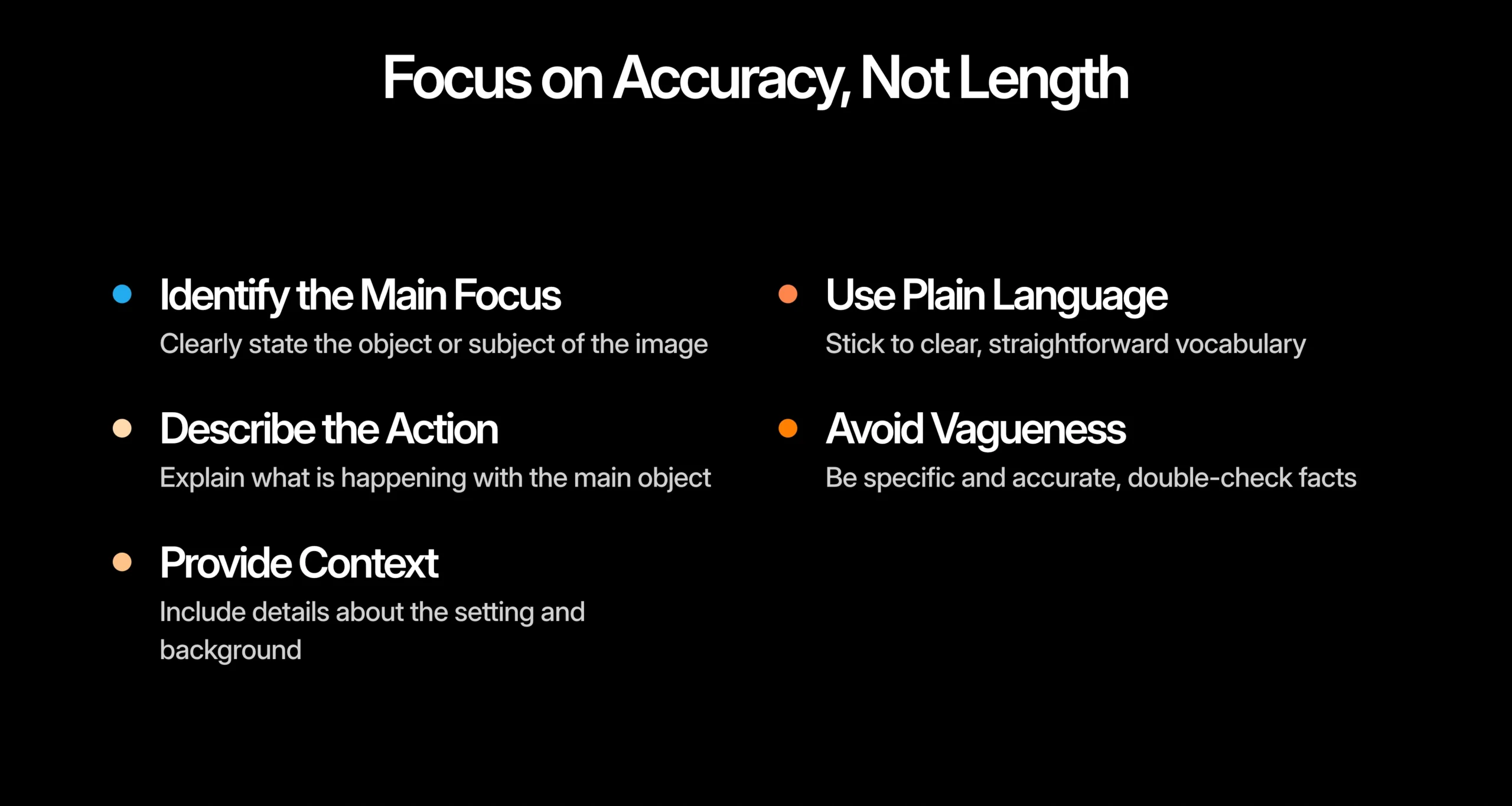 A slide titled "Focus on Accuracy, Not Length" lists Image Description tips for writing alt text, such as identifying focus, describing action, providing context, using plain language, and avoiding vagueness.