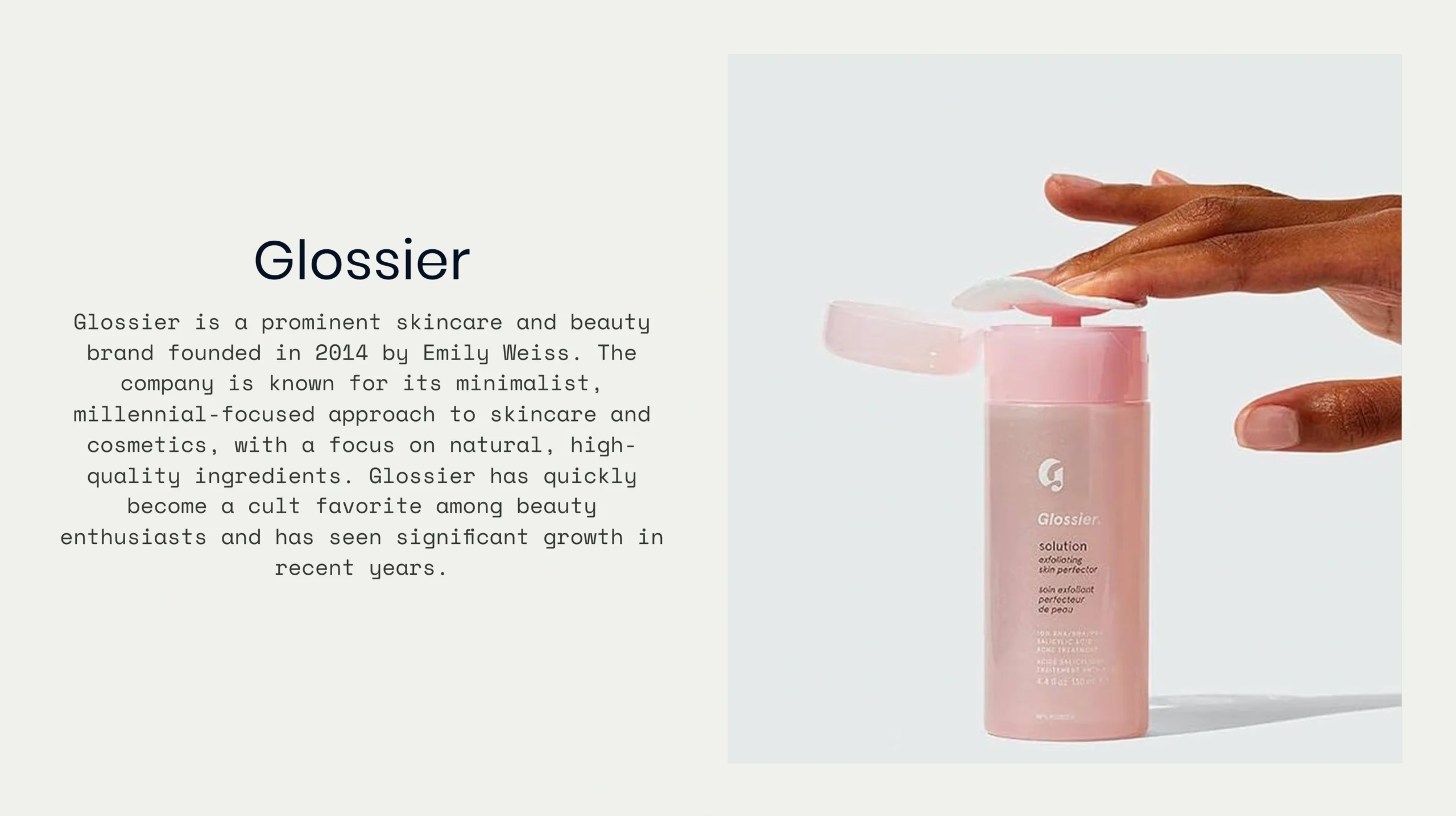 A hand presses down on a pink Glossier skincare bottle with a flip-top cap; brand description text and a Link in Bio prompt are shown on the left.