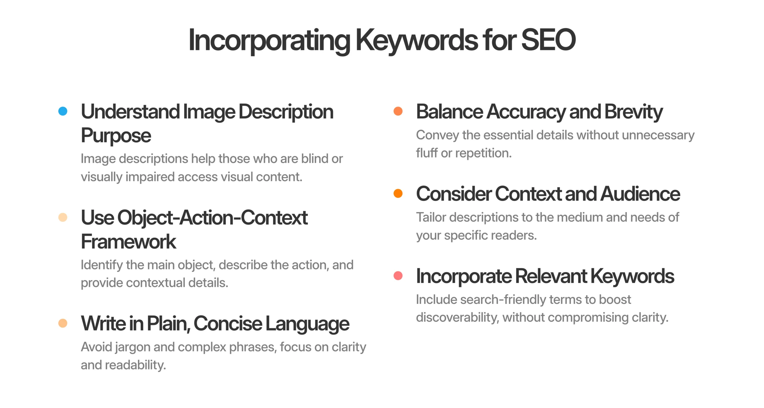 A slide titled "Incorporating Keywords for SEO" lists six tips for writing an effective Image Description, including clarity, accuracy, context, brevity, and strategic keyword use.