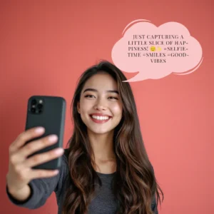A young woman stands against a coral wall, smiling and taking a selfie with her smartphone. A speech bubble next to her reads, “Just capturing a little slice of happiness!”.