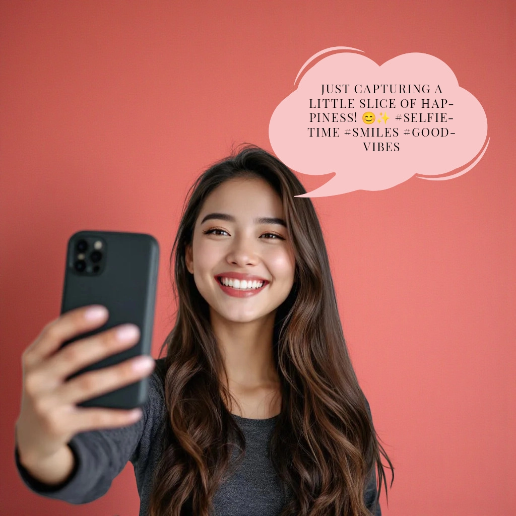 A young woman stands against a coral wall, smiling and taking a selfie with her smartphone. A speech bubble next to her reads, &ldquo;Just capturing a little slice of happiness!&rdquo;.