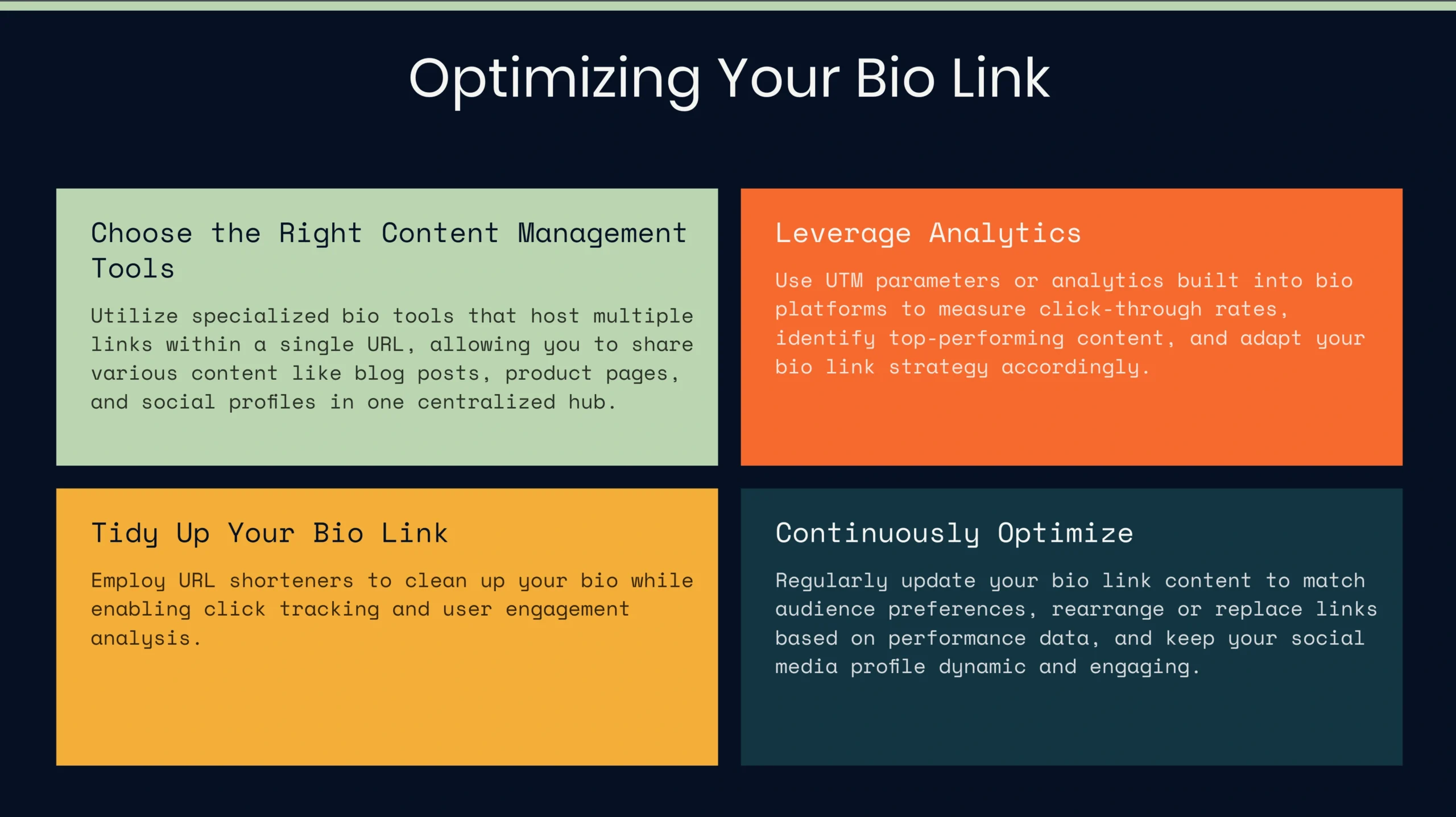 A graphic titled "Optimizing Your Bio Link" lists four tips: choosing content management tools, leveraging Link in Bio analytics, tidying links, and continuously optimizing based on performance.