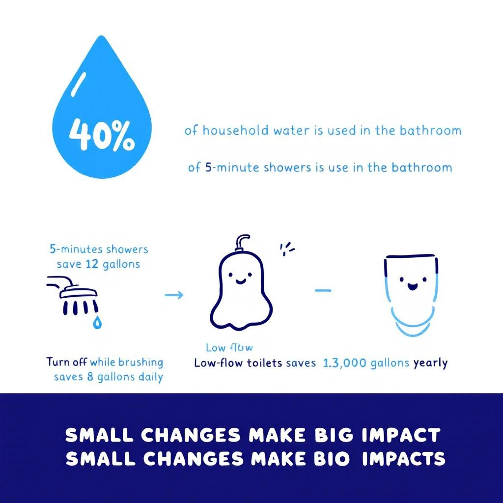 Infographic with image descriptions showing that 40% of household water is used in the bathroom, plus tips to save water like shortening showers, turning off the tap while brushing, and using low-flow toilets.