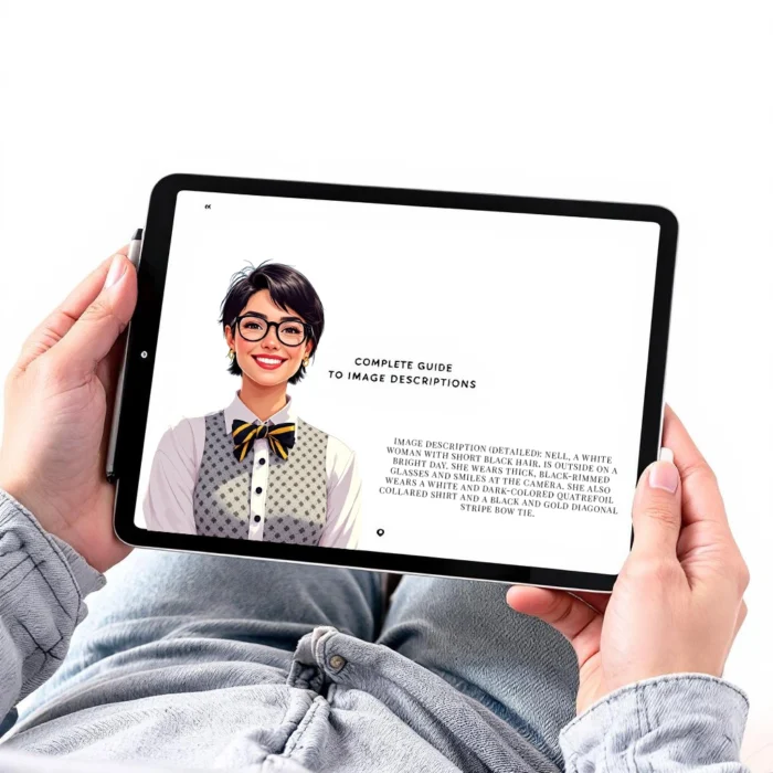 Person holding a tablet displaying an Image Descriptions guide, featuring an illustration of a smiling woman with glasses and a bow tie on the screen.