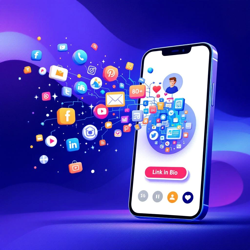 A smartphone displays a user profile, with numerous social media and app icons&mdash;including a "Link in Bio" icon&mdash;emerging from the screen against a blue and purple gradient background.
