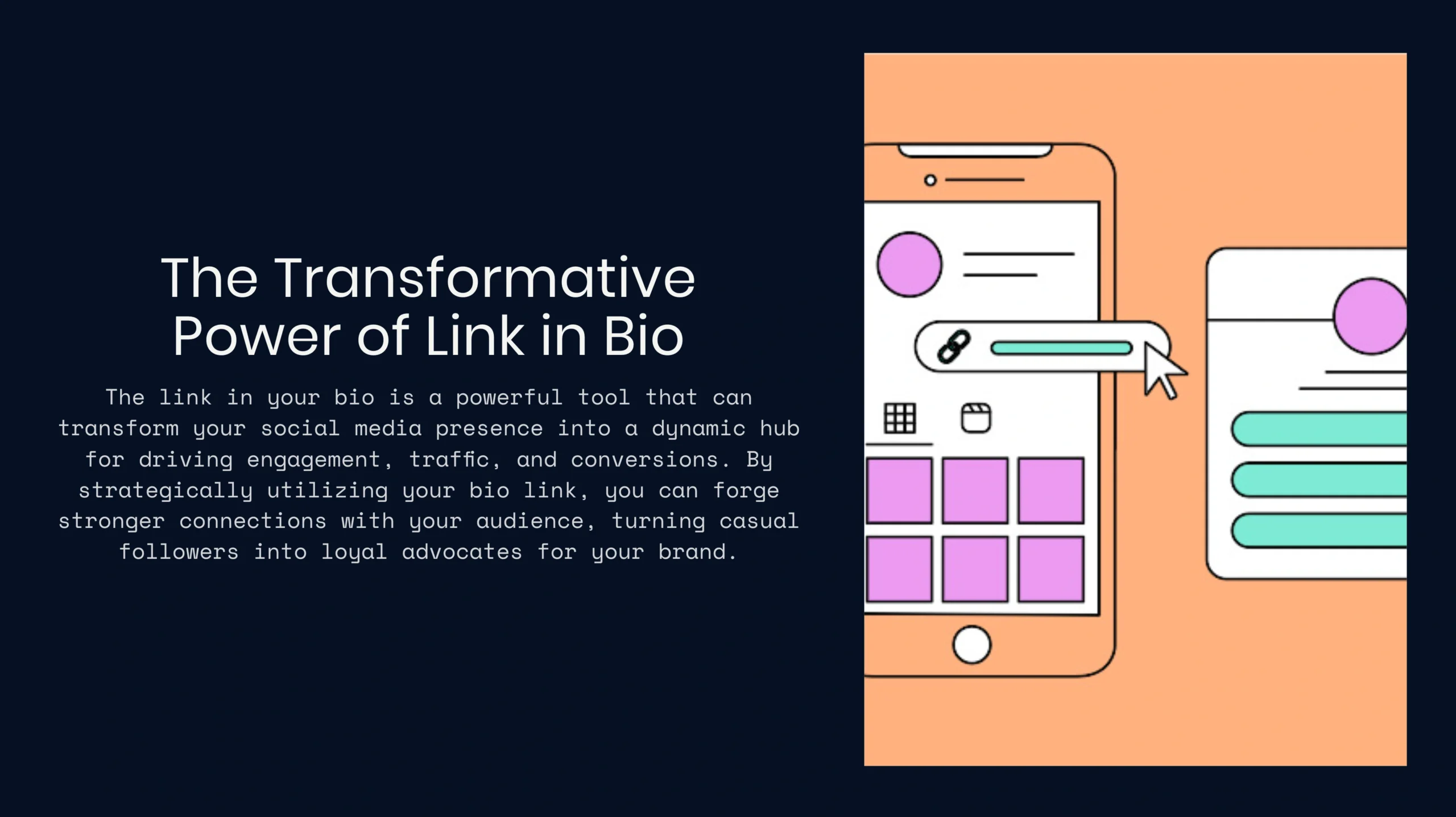 Illustration of a smartphone displaying a Link in Bio layout with various icons, alongside text explaining the benefits of adding a Link in Bio to your social media profiles.