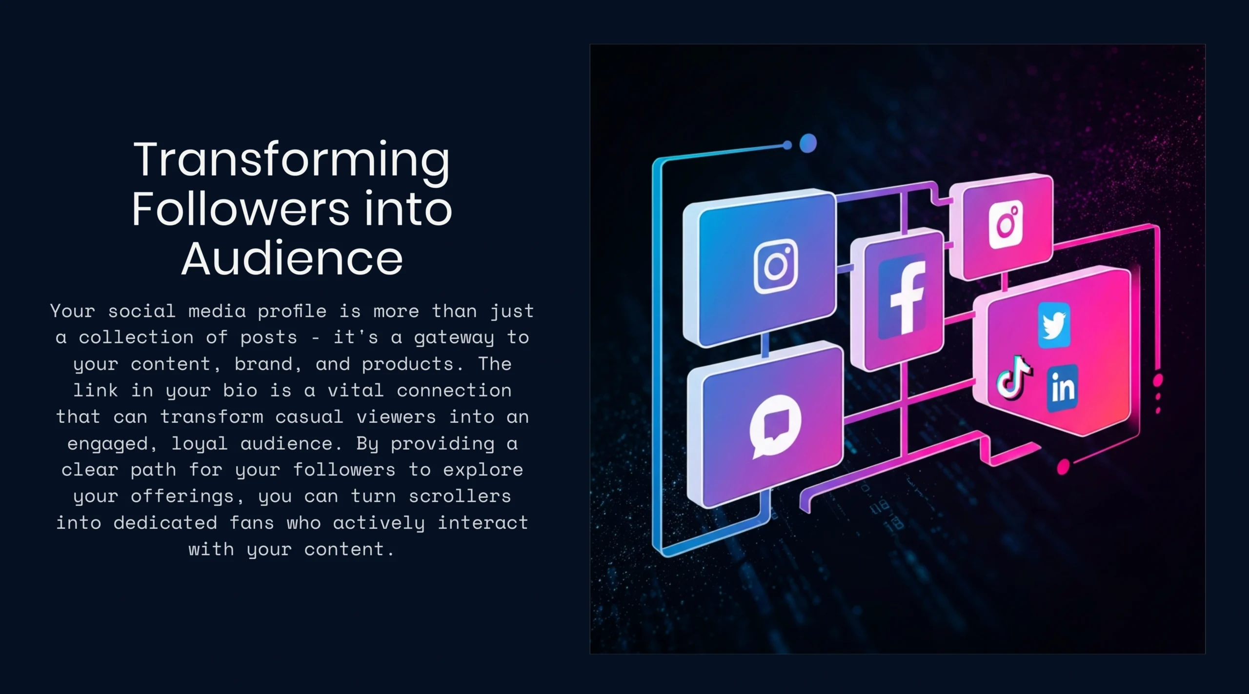 Digital illustration of social media icons (Instagram, Facebook, etc.) connected by lines, beside text describing strategies like using a Link in Bio to turn followers into an engaged audience.