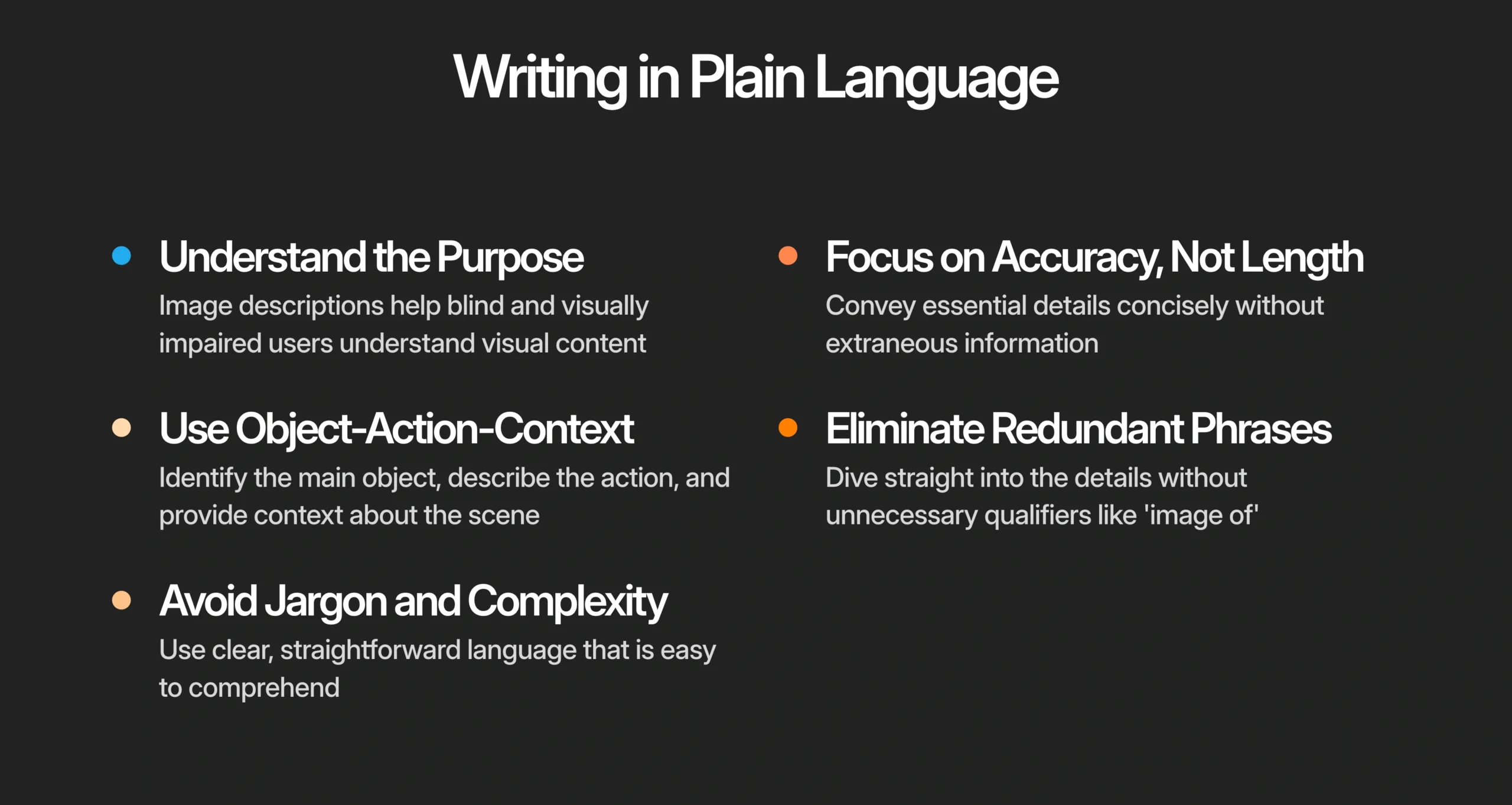 A slide titled "Writing in Plain Language" lists six tips for clear writing, covering purpose, context, accuracy, reducing redundancy, and avoiding jargon and complexity.