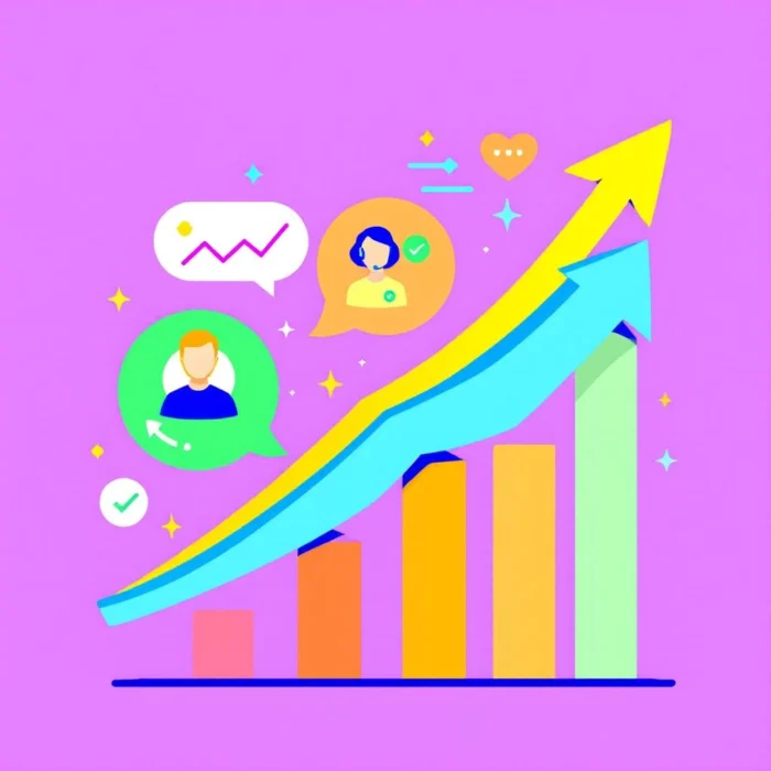 Colorful graphic depicting growth trends with chat bubbles and user icons.
