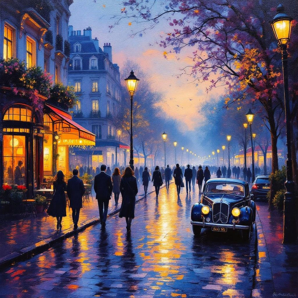 A city street at dusk with people walking, lit street lamps, a vintage car parked on wet cobblestones, and cafes with glowing windows on the left&mdash;perfect for vivid Image Descriptions.