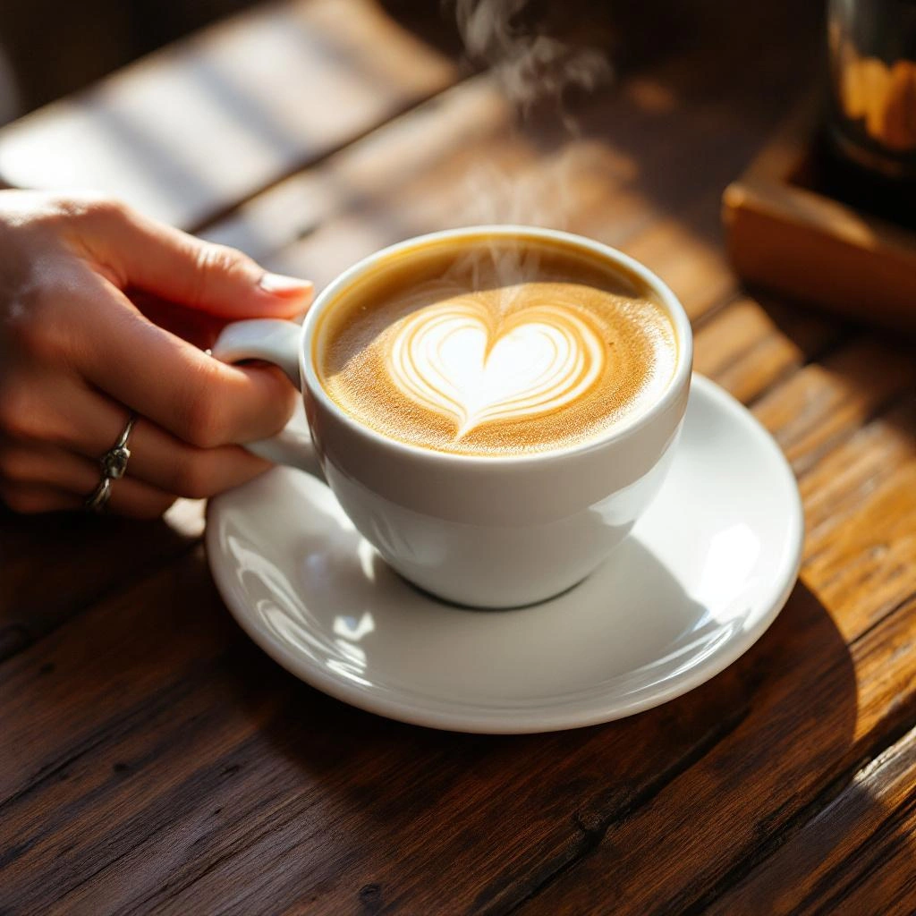 A person holds a white cup of coffee with heart-shaped latte art on a saucer, placed on a wooden table with sunlight streaming in&mdash;perfect for detailed image descriptions.