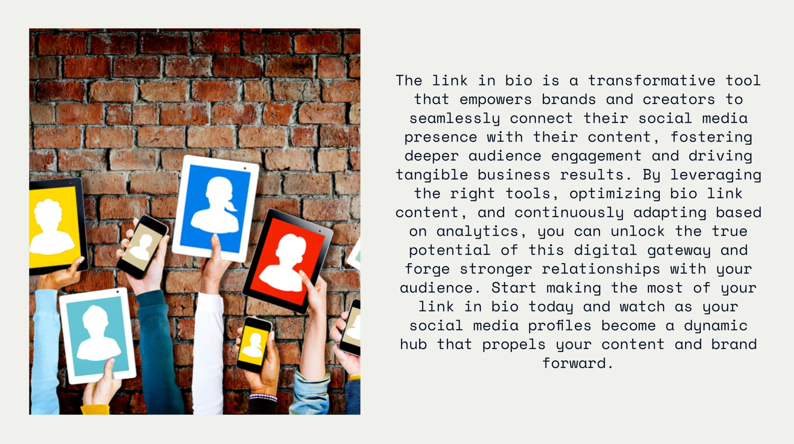 A group of hands holding up digital tablets with colorful profile icons in front of a brick wall, alongside text highlighting the benefits of Link in Bio tools for optimizing social media profiles.