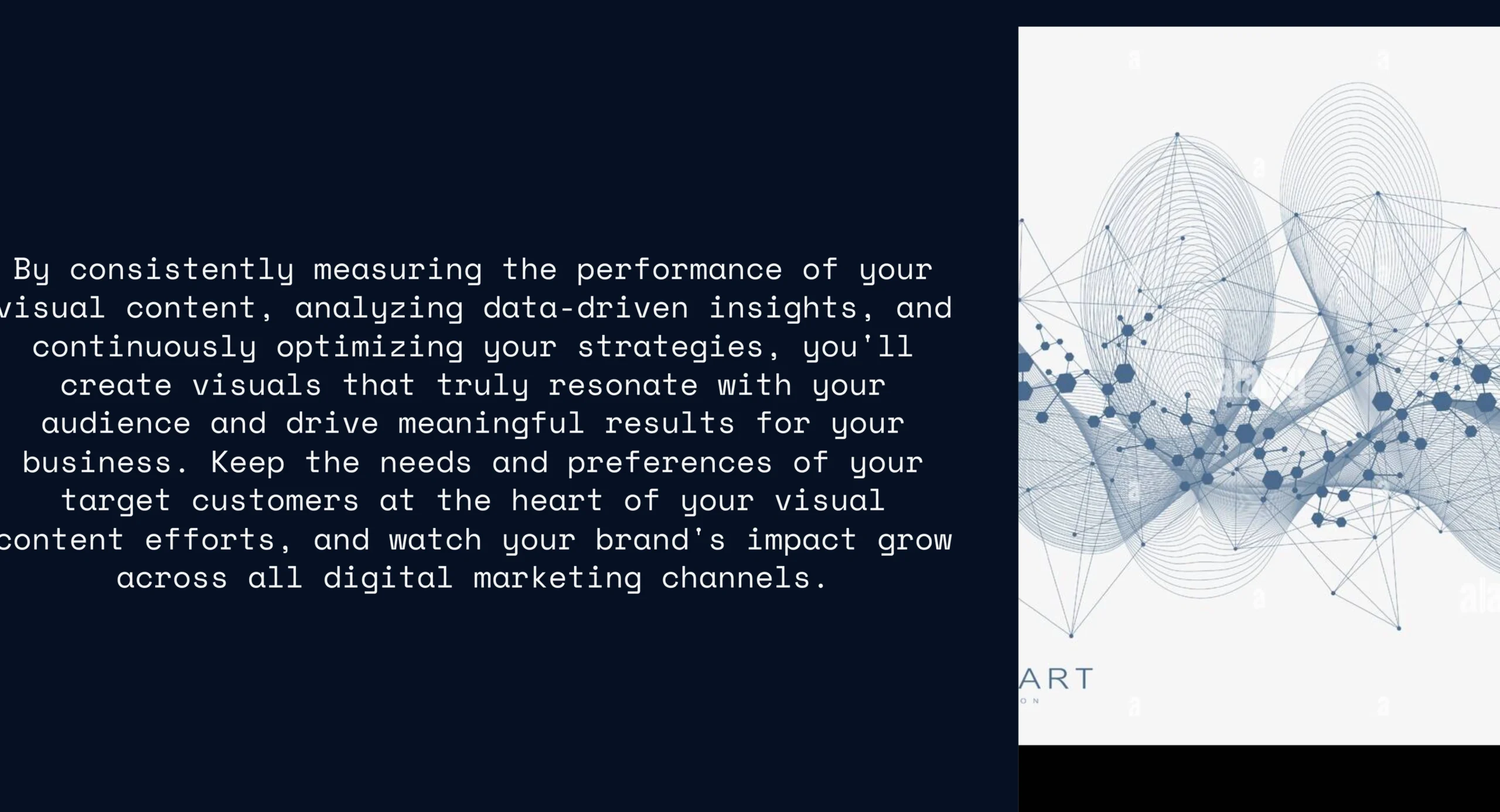 A block of text about data-driven visual content strategies appears beside a minimalist abstract network graphic, highlighting the power of visual content on a crisp white background.